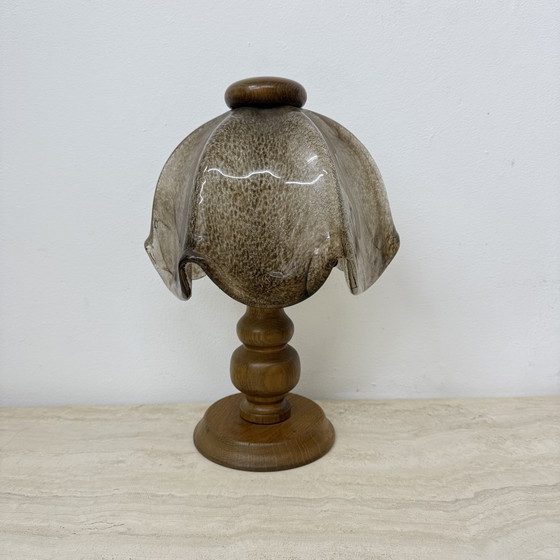 Image 1 of Vintage Brutalist Glass Table Lamp with Solid Oak Wooden Base, 1970s