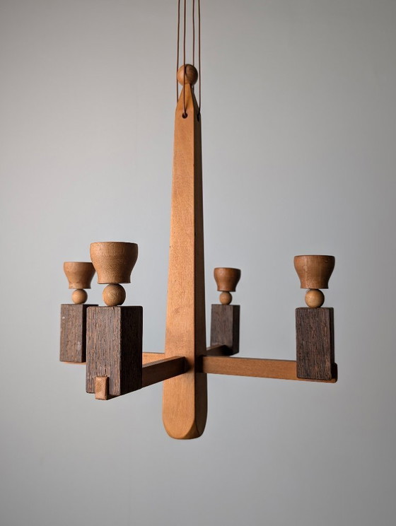 Image 1 of Danish Art Deco Style Wooden Candle Chandelier, 1970s