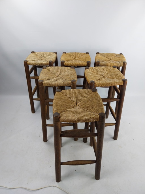 6 x 1970er Barhocker mit Binsen Sitz 65cm hoch