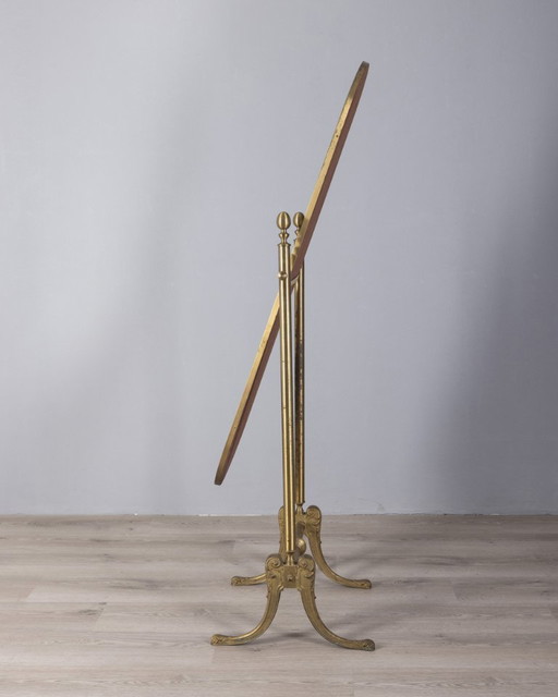 Vintage 1950s floor standing psyche mirror in golden brass Italian design