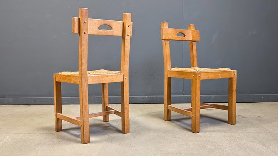 Image 1 of Vintage oak and wicker brutalist chairs, 1960s - set of 6