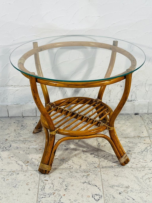 Vintage rattan coffee table with glass top, 1970s