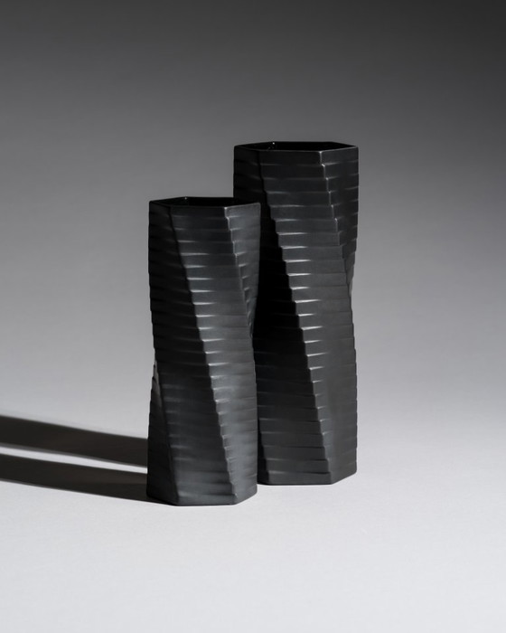 Image 1 of Vintage ROSENTHAL WERNER UHL Vase Duo Bisque Porcelaine Noire PISA 20 cm & 23 cm