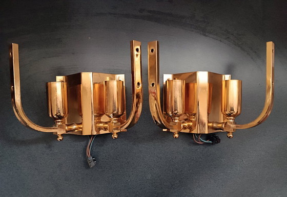 Image 1 of Zeldzaam paar "Leaves" kunstglazen wandlampen van Carl Fagerlund voor Orrefors - Zweden, jaren 1960-1970