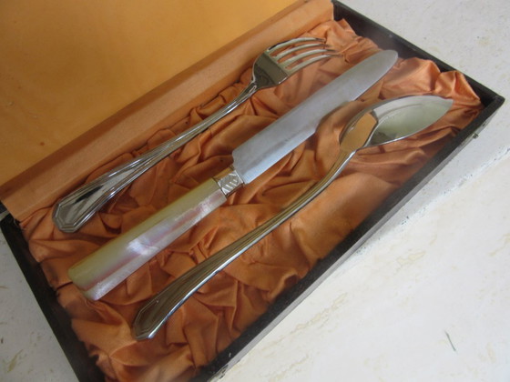 Art Deco 3-teiliges Besteckset aus Chrom (Inoxydable) in Box, Box Mock Coc – Besteckkassetten, Plastic (photo 3 of 10)