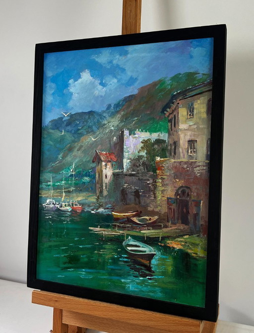 Original Oil Painting Summer City Landscape Coast with quiet houses