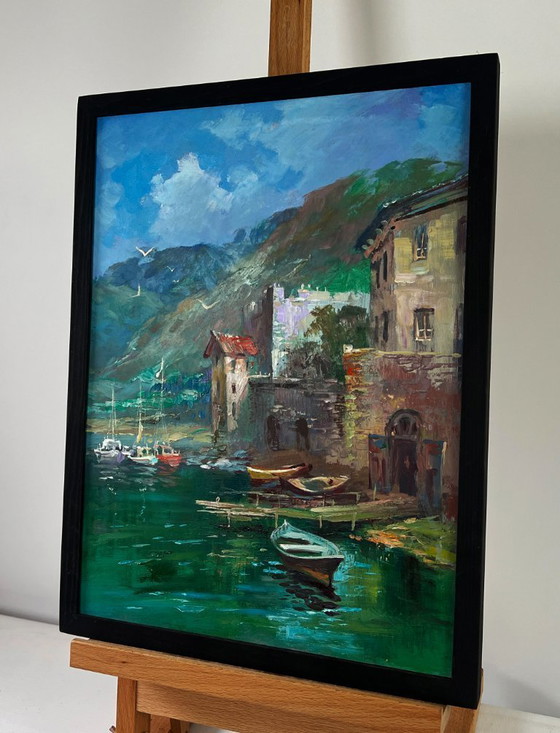 Image 1 of Original Oil Painting Summer City Landscape Coast with quiet houses