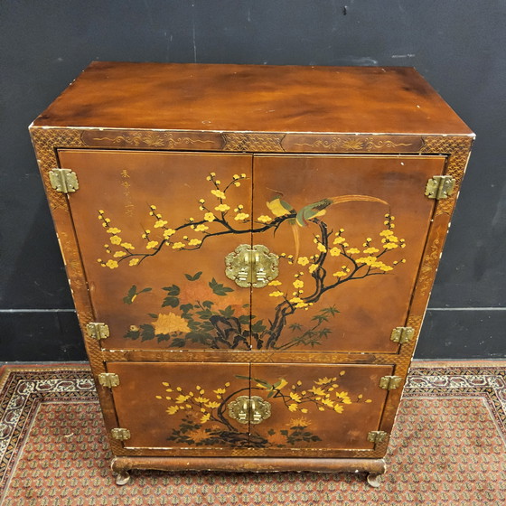 Image 1 of Mobile cinese rosso vintage uccelli, fiori / mobile bohémien / mobile orientale / mobile cinese rosso