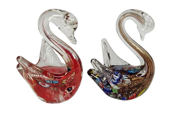 Image 1 of Murano - cygnes (2) - verre - cristal - statues - figurines - années 90