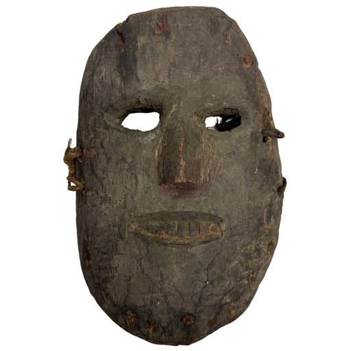 Wall Decoration Antique Nepalese Wooden Mask with Smile and Original Cords