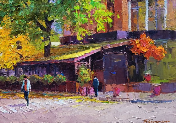 Image 1 of Original Oil Painting City Urban Life Cafe Wine and Friend