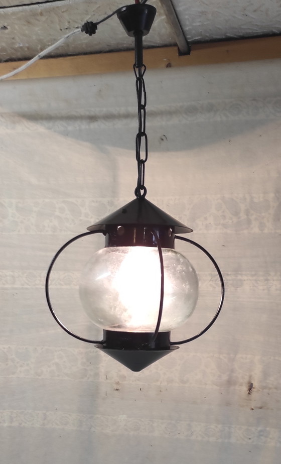 Image 1 of Lantern-style pendant light in metal and glass - 1950s