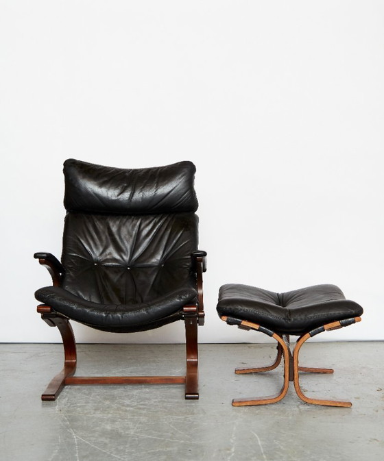 Image 1 of Sedia a sbalzo scandinava in pelle con poggiapiedi di Elsa & Nordahl Solheim per Rybo Rykken, anni '60, set di 2