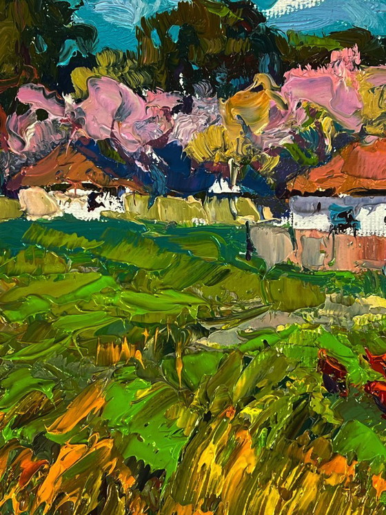 Image 1 of Peinture à l'huile originale représentant un paysage rural, une rue et le parfum printanier du village