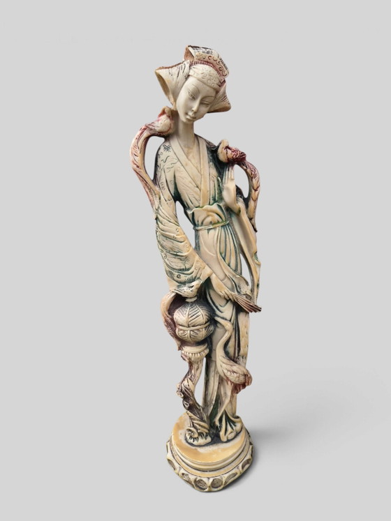 Vintage Asian Decorative Sculptures / Figures in Ivory Look, Plastic, Brown (photo 3 of 4)