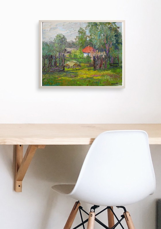 Origineel Olieschilderij Landelijk Landschap Zomerdorp Wit Huis – Schilderijen & Tekeningen, Canvas (photo 2 of 8)