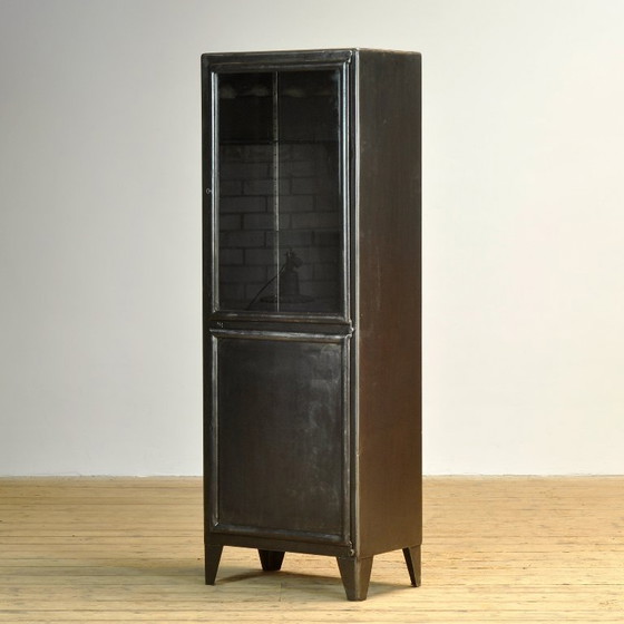 Polished iron medical cabinet, 1950s, kovona, Display cabinets, Metal, Glass, Black, Vintage (photo 3 of 13)
