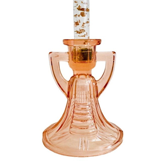 Image 1 of vintage art deco Val Saint Lambert Luxval pink candlestick 1930's