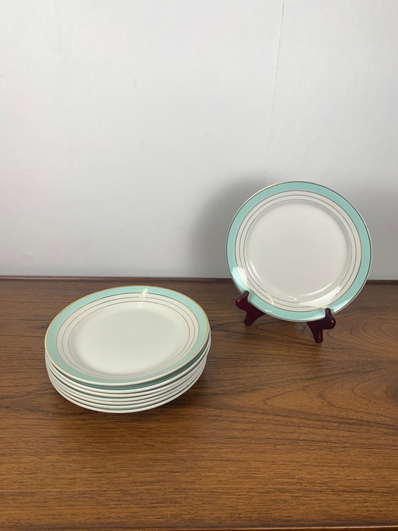 Image 1 of Set di 8 piatti piani Lunéville, modello &quot;Régence&quot;, verde acqua, fine XIX secolo