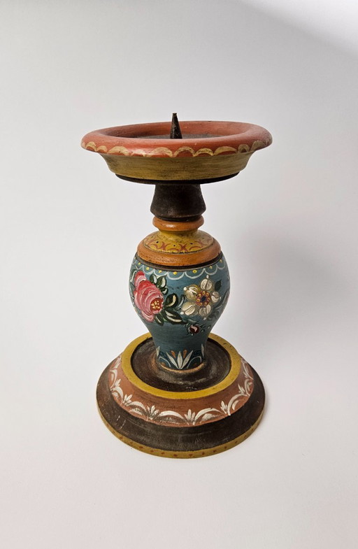 Vintage Wooden Hand painted Candle Holder German Bauernmalefai Folk Art Floral Flower Motifs Farmhouse Decor Carved Wood Candles