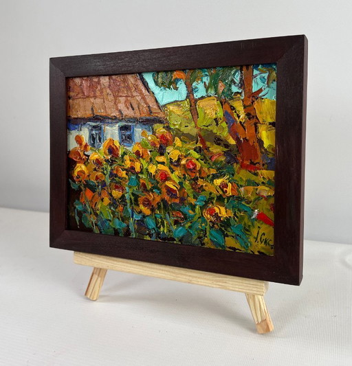 Original Oil Painting Village Flowers Landscape Yellow song of summer
