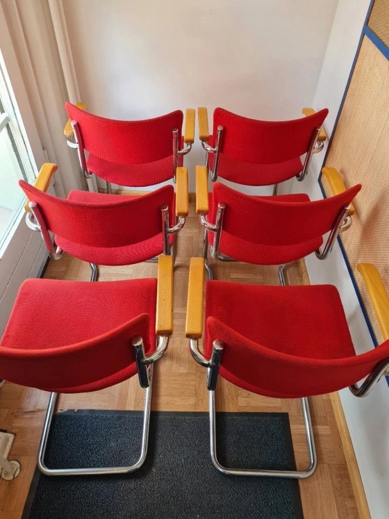6 Fauteuils Cantilever Thonet S 43 originaux de Mart Stam – rouge, empilables – Chaises de salle à manger (photo 2 of 5)