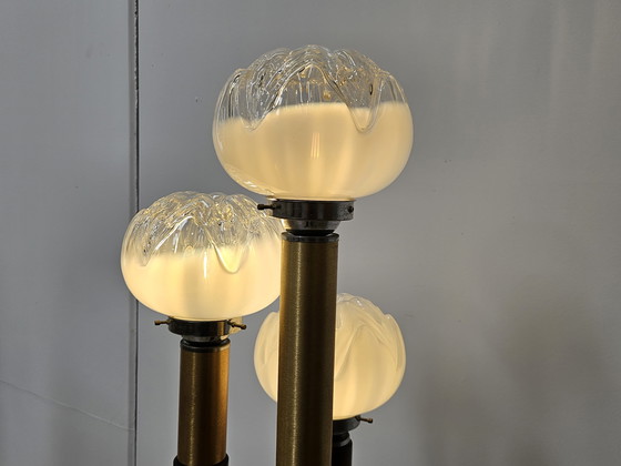 Image 1 of Lámpara de pie de cristal de Murano de mediados de siglo en madera y metal con tres puntos de luz, década de 1970