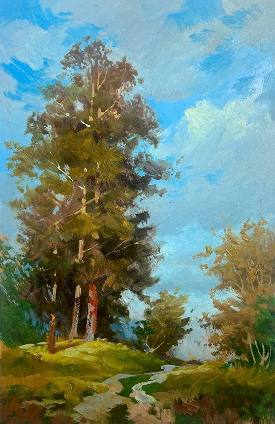 Image 1 of Peinture à l'huile originale Paysage de champ d'été Admirez la forêt d'été
