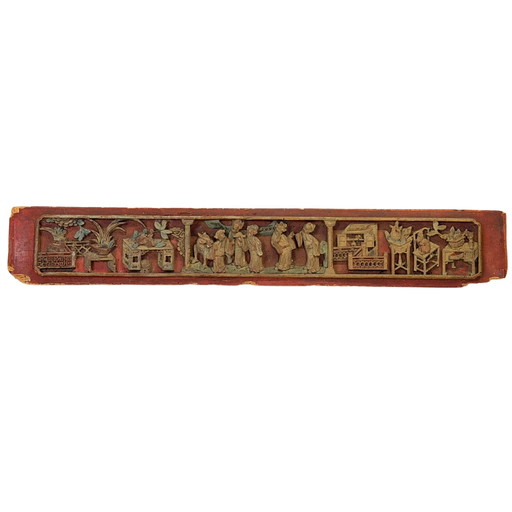 Antikes chinesisches vergoldetes Reliefpaneel mit Gelehrten und glückverheißender Symbolik – Späte Qing-Dynastie, 19. Jahrhunder