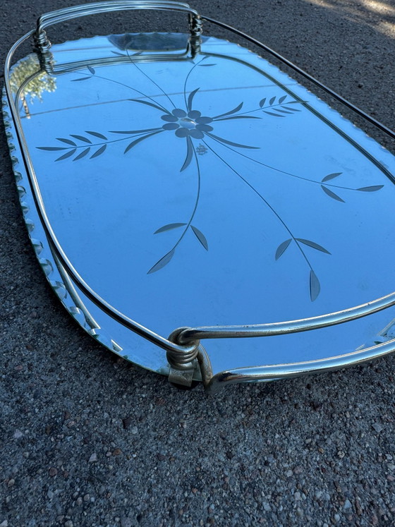Engraved beveled mirror tray 50s, Decorative Objects, Glass, Chrome, Silver (photo 13 of 13)
