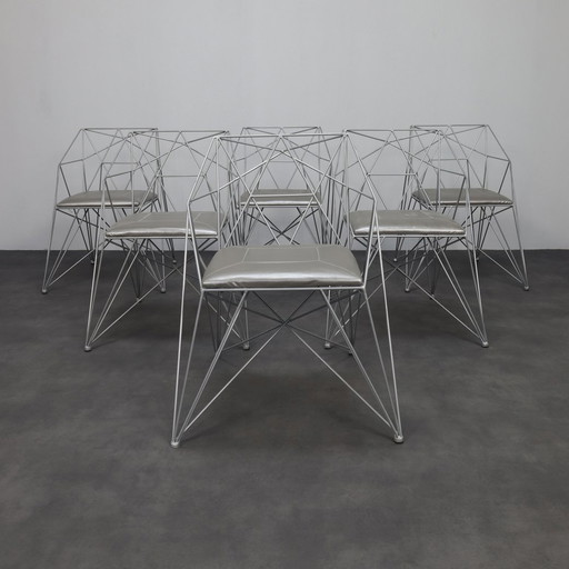 6x Chaises de salle à manger géométriques en fil de fer, Rare