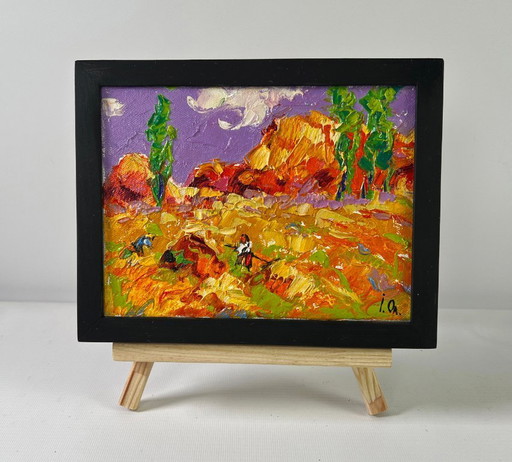 Original Oil Painting Summer Field Landscape August аftergrass