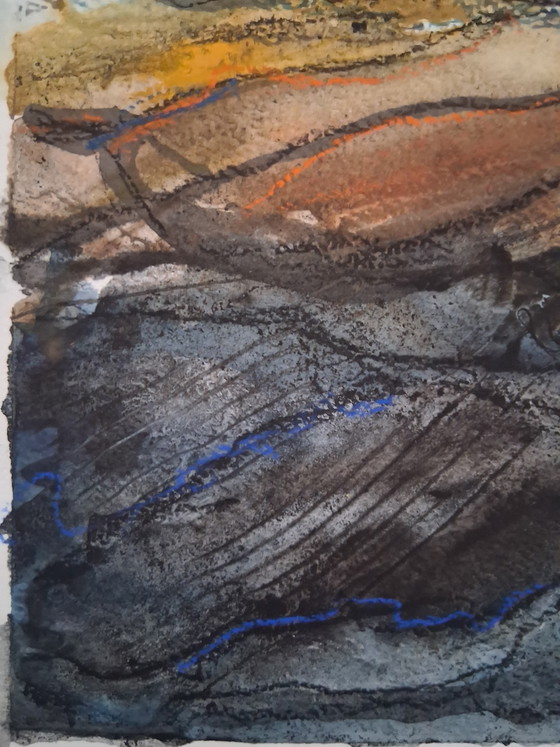 Image 1 of Big storm climes over the hills, mixed media watercolor with pastel on watercolor paper.