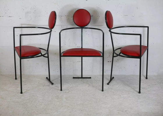 Image 1 of 3x Design Steel And Leather Armchairs