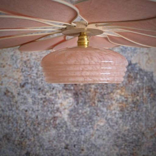 Blush Pink Rattan and Linen Flower Hanging - Luminaires Artisanaux