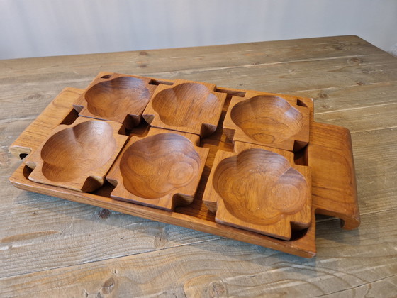 Image 1 of Mid Century Teak Houten Tapas Set.