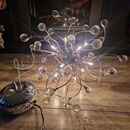 Lampada a sospensione Sonja Chrome-Crystal, esclusiva illuminazione Searchlight, 12 punti luce