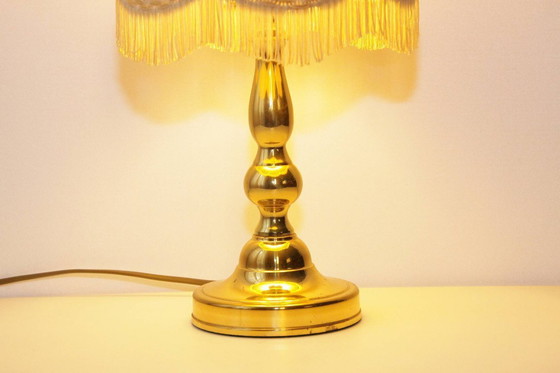 Image 1 of Tafellamp messing kunstleer stof randen franjes 43cm 80s vintage