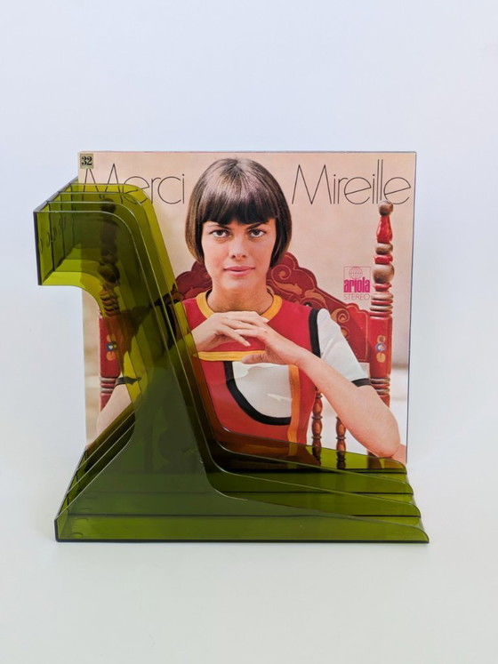 Image 1 of Vintage olijfgroen plexiglas LP-vinylrek in space age-stijl uit de jaren 70, met 4 vakken.
