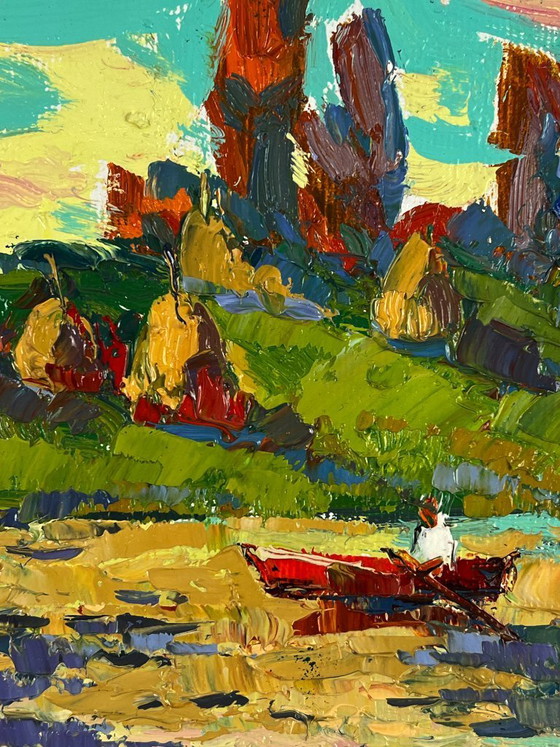 Image 1 of Peinture à l'huile originale représentant un paysage naturel, un bateau et un coucher de soleil se reflétant sur la rivière.