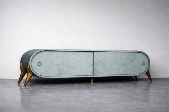 Image 1 of Vintage Mid-Century Modern Italian Turquoise Streamline Sideboard in Birch, 1960s