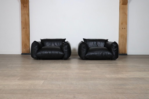 Pair of Mario Marenco Lounge Chairs in Black Leather for Arflex, 1970s