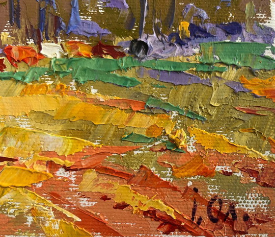 Image 1 of Original Oil Painting Evening Field Landscape Summer meadows and forest