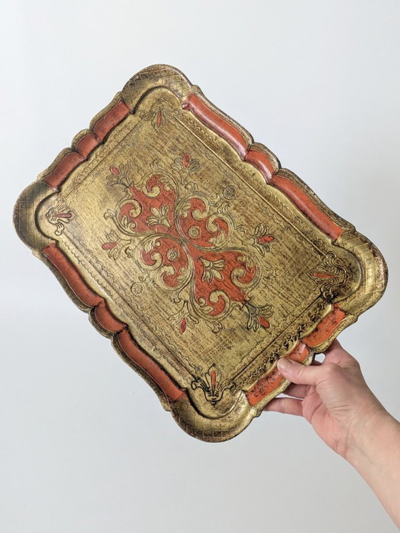 Image 1 of Vintage Florentine Gilt Wood Tray | Hand-Painted Orange & Gold | Midcentury Italian Baroque Decor
