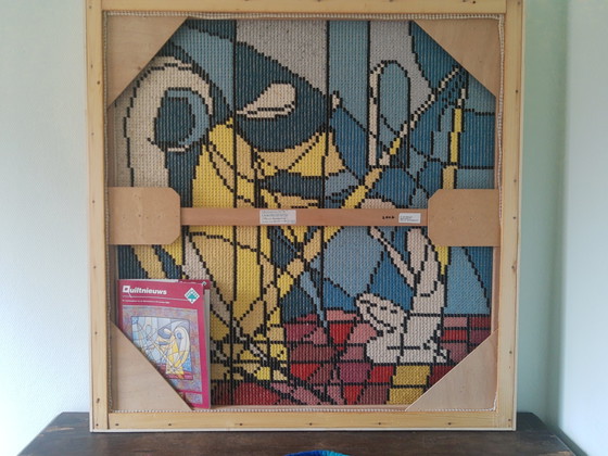 Image 1 of Wunderschönes, großes Retro-Textilkunstwerk aus Wolle aus Smyrna mit dem Titel „Verkündigung“.