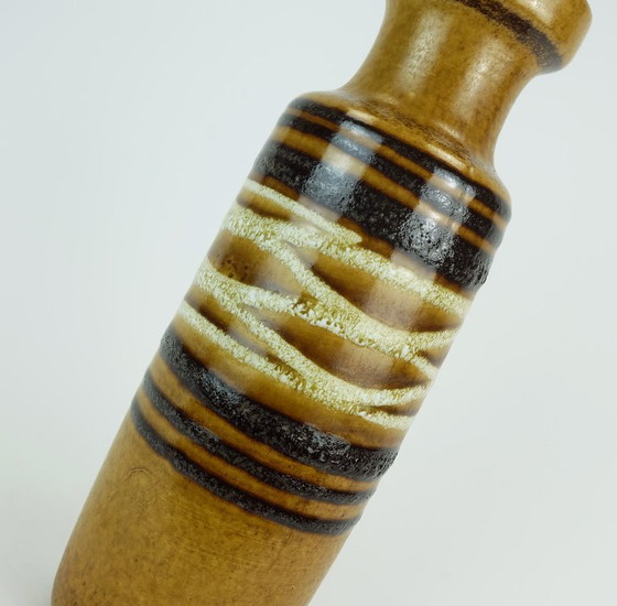 Image 1 of scheurich mid century VASE 1960s fat lava stripe decor ochre black white model no. 200-28