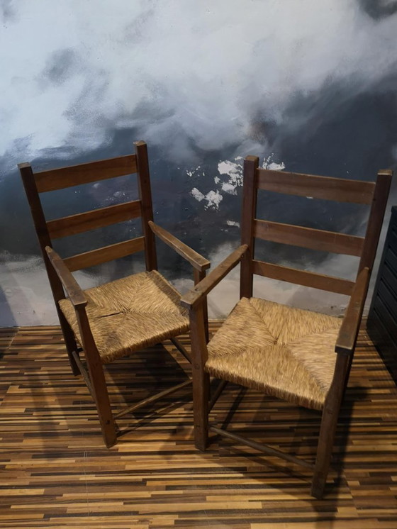 Image 1 of Pair of antique wooden straw-seated armchairs - Authentic country style