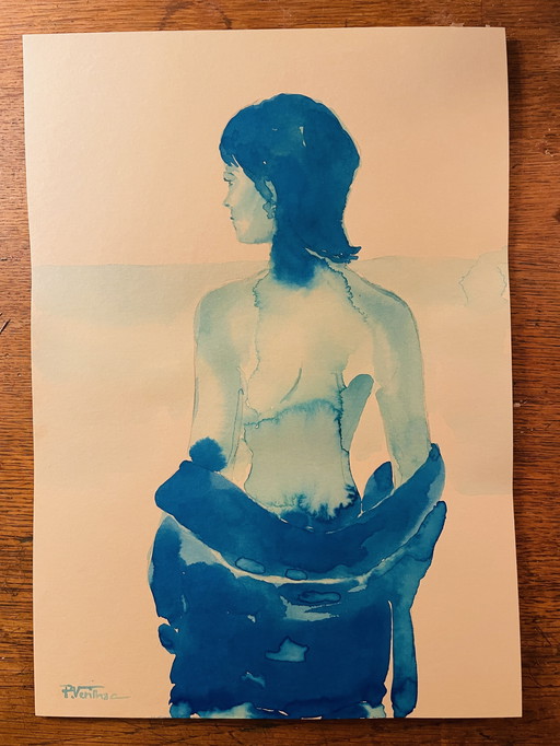 Signed painting watercolor monochrome blue portrait woman "weekend in Capri ".