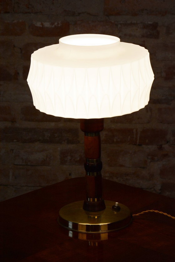Restored Mid-Century Table Lamp, Walnut, Brass, Glass, Rewired, Czech, 1960s – Wood (photo 5 of 11)