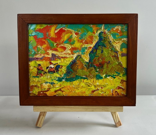 Original Oil Painting Summer Nature Landscape Sunny hot day in the field